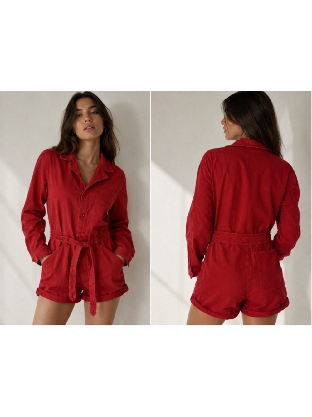 Nili Lotan Red Utility Romper Belted Long Sleeve Cotton Shorts Women’s Size S